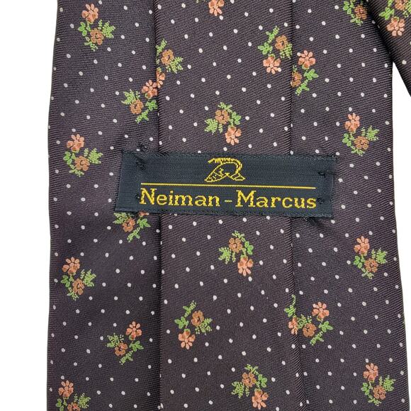 VINTAGE Neiman Marcus Brown and Floral Dotted Neck Tie - Picture 6 of 7